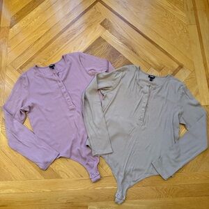 Express Ribbed Henley Bodysuits- Bundle of Two Pink and Tan